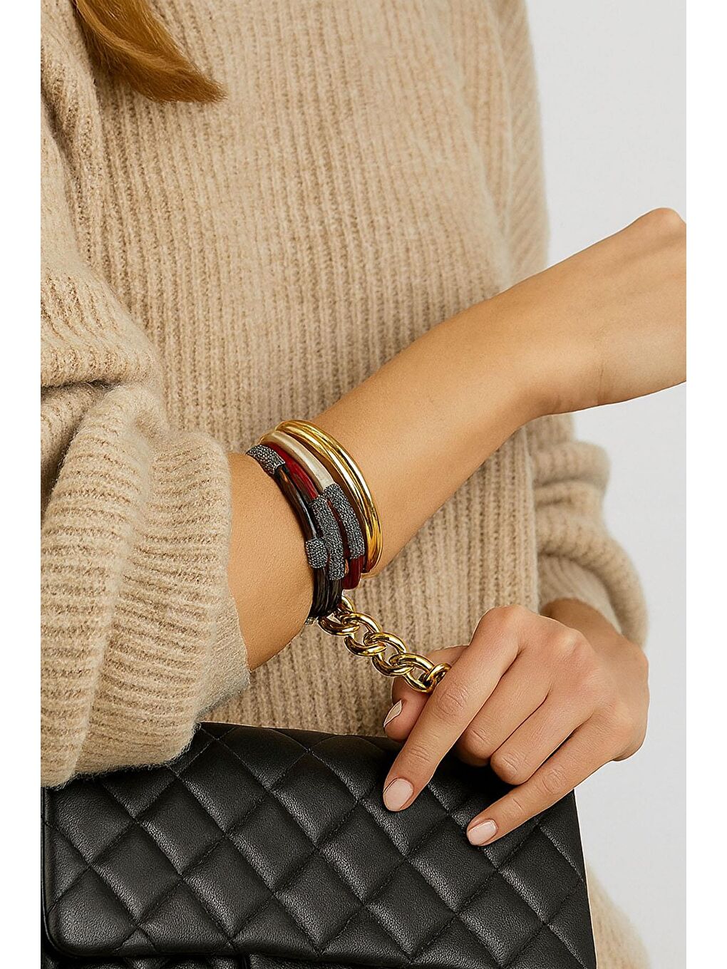 Bordo Vintage Mix Bilezik Seti – Gold, Kırmızı, Kahve & Krem 5'li Kombin-1