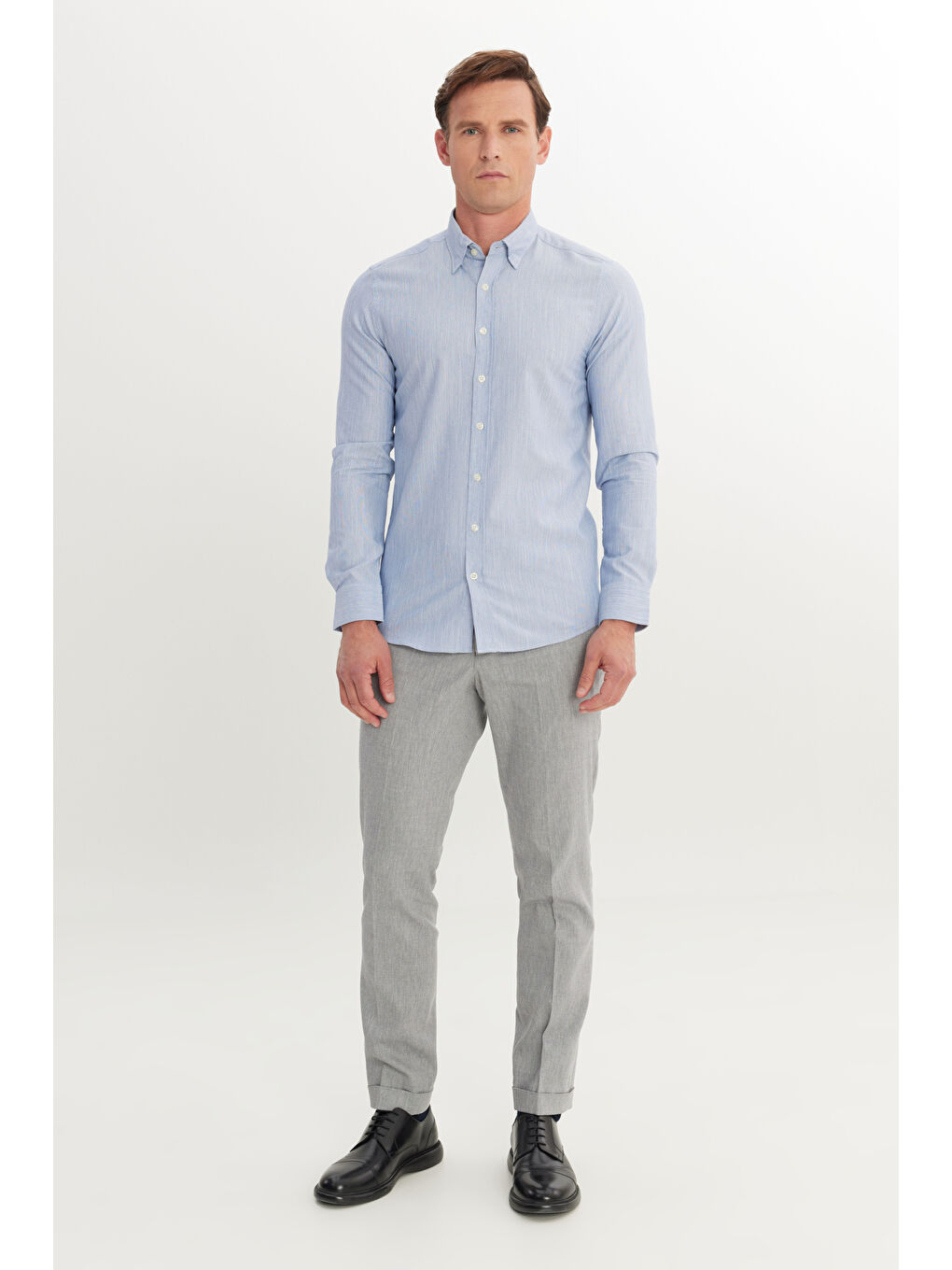 Erkek Mavi Pamuklu Comfort Fit Rahat Kesim Gizli Düğmeli Yaka Armürlü Gömlek-1