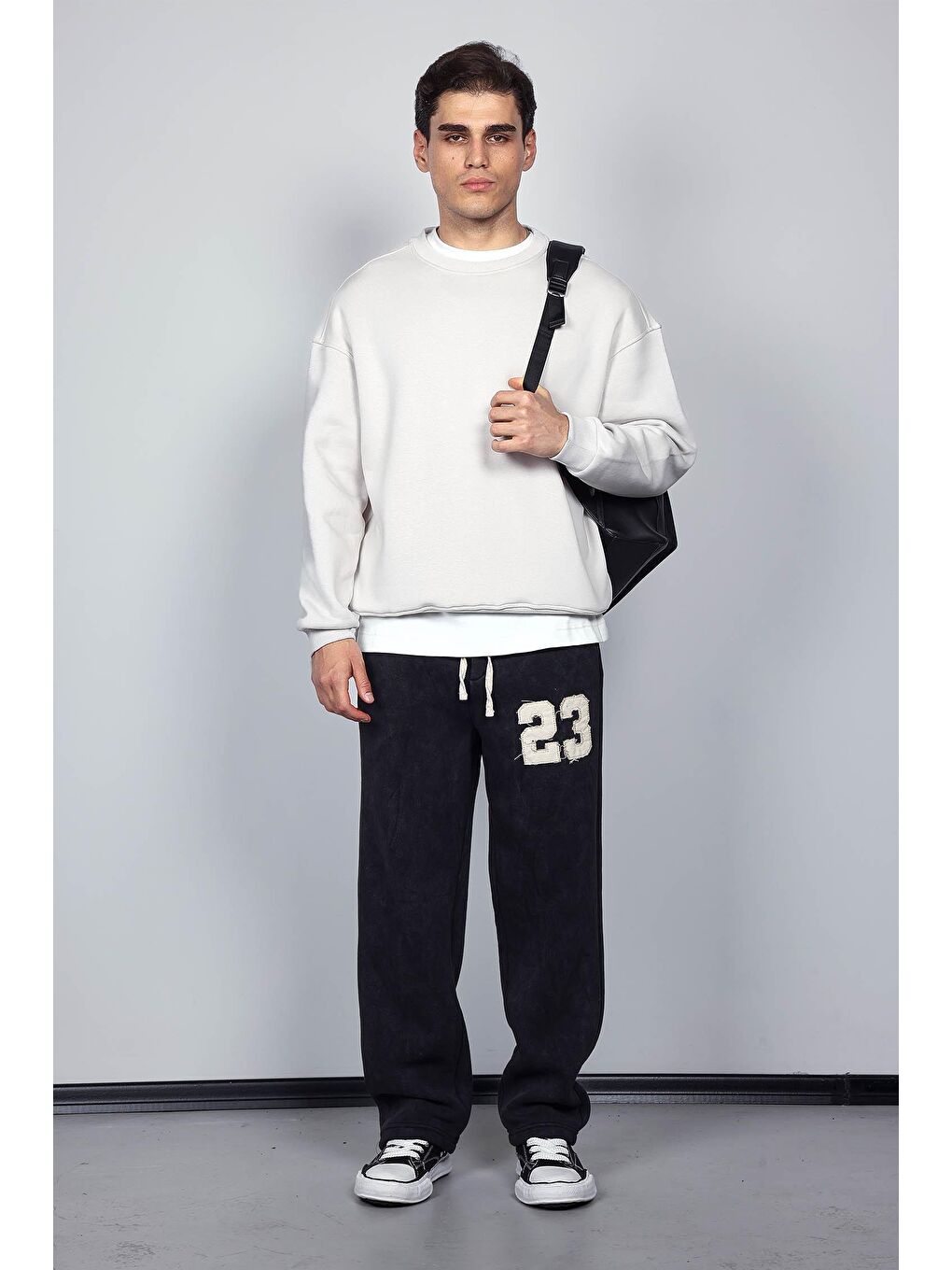 Erkek Oversize Bisiklet Yaka Basic Sweatshirt Gri-3