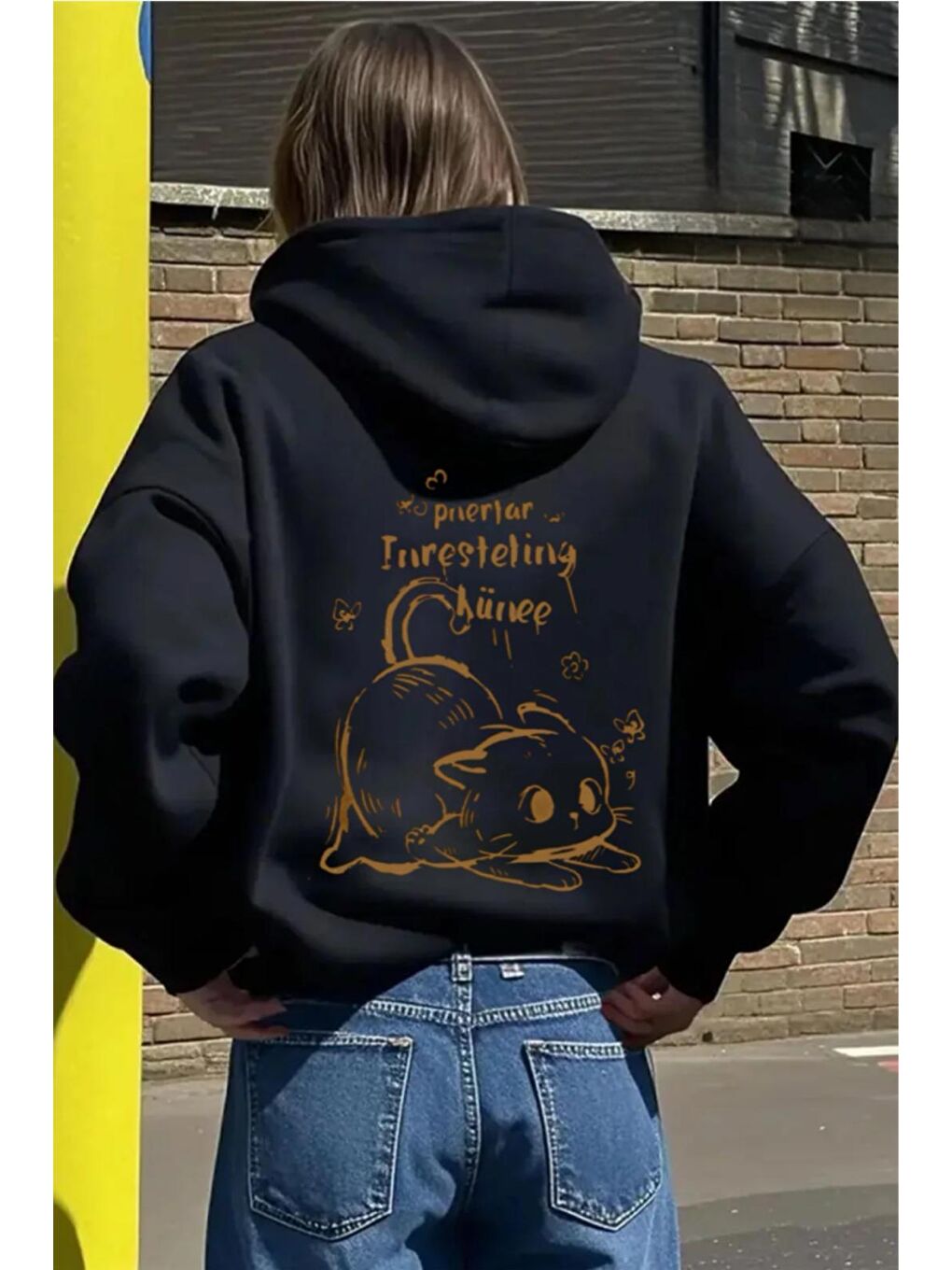 Siyah Pinestar Kedi Sırt Baskılı İçi Pamuklu Unisex Sweatshirt