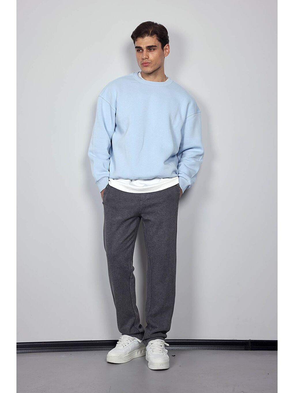 Erkek Oversize Bisiklet Yaka Basic Sweatshirt Açık Mavi-7