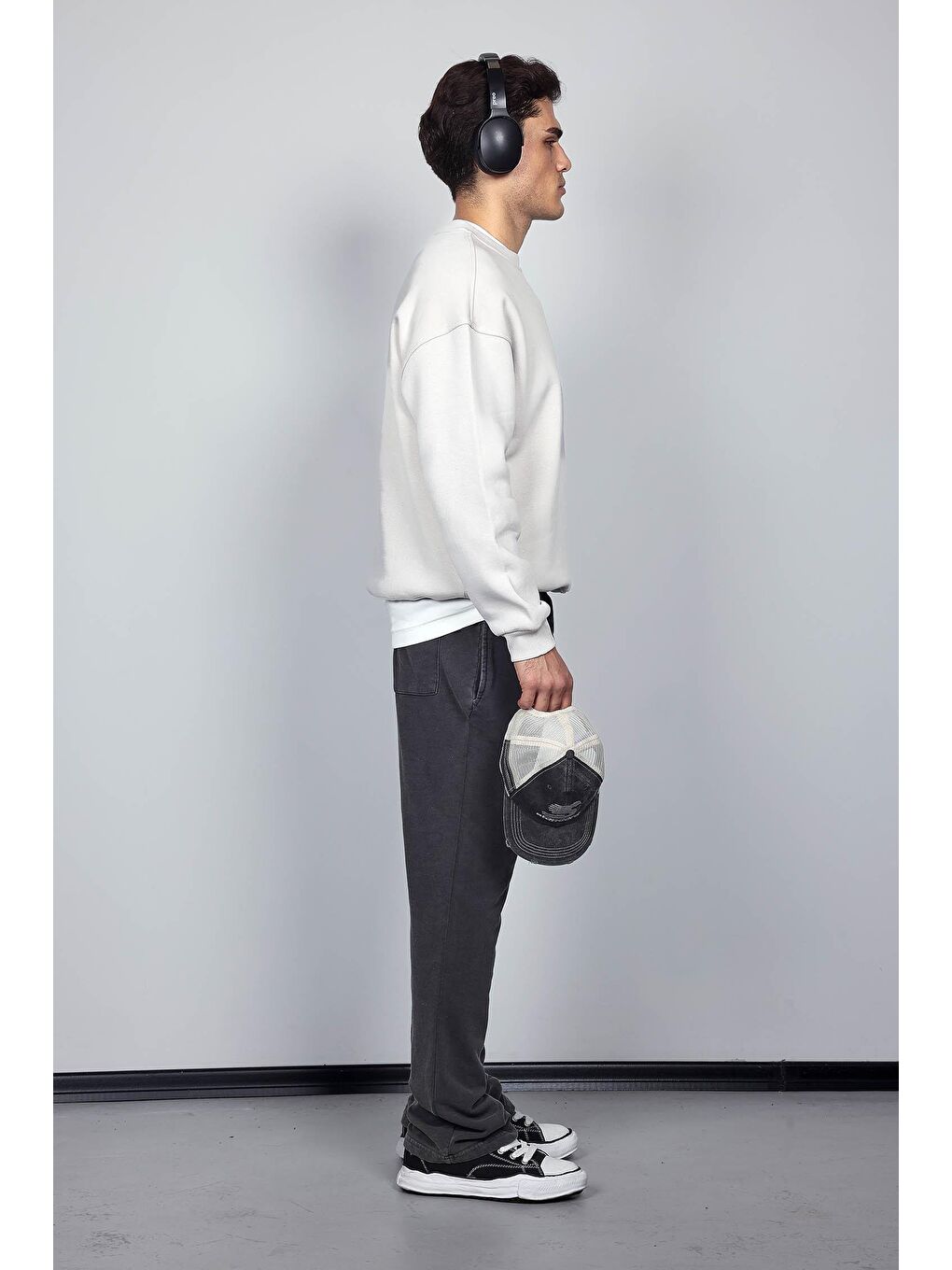 Erkek Oversize Bisiklet Yaka Basic Sweatshirt Gri-4