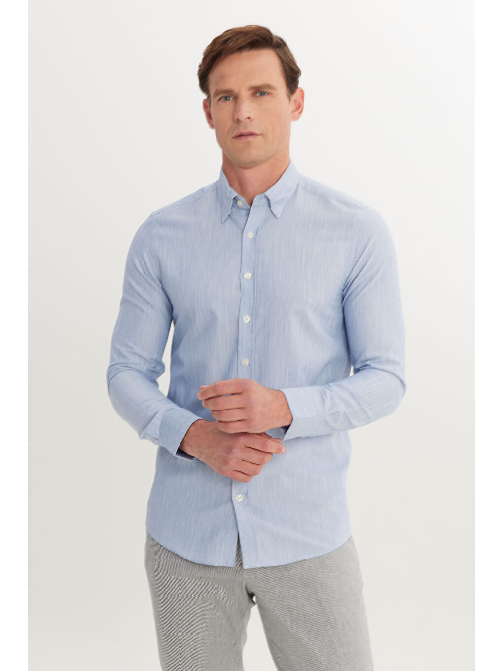Erkek Mavi Pamuklu Comfort Fit Rahat Kesim Gizli Düğmeli Yaka Armürlü Gömlek-2