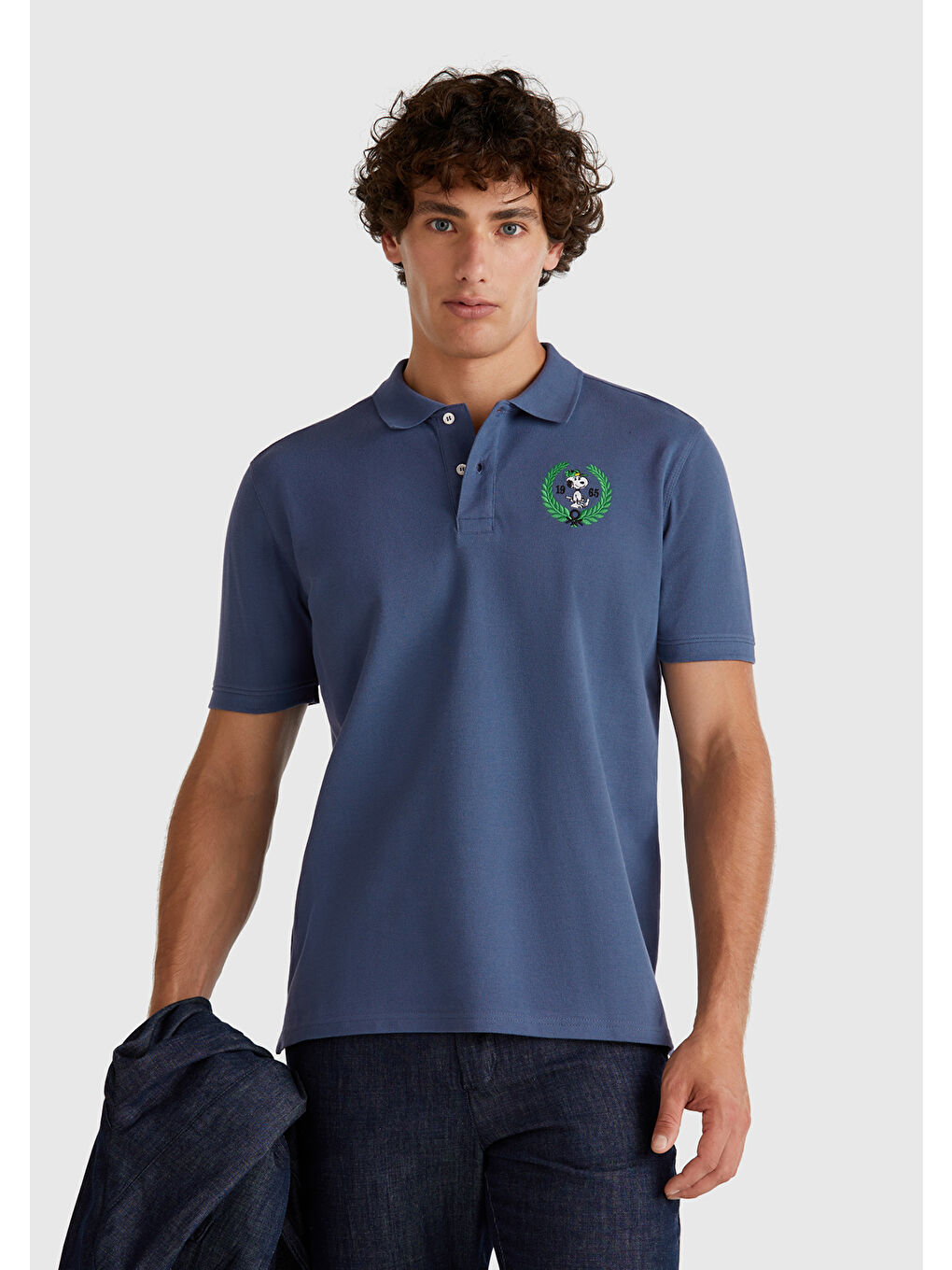 Erkek Mavi %100 Pamuk Peanuts Baskılı Polo T-Shirt