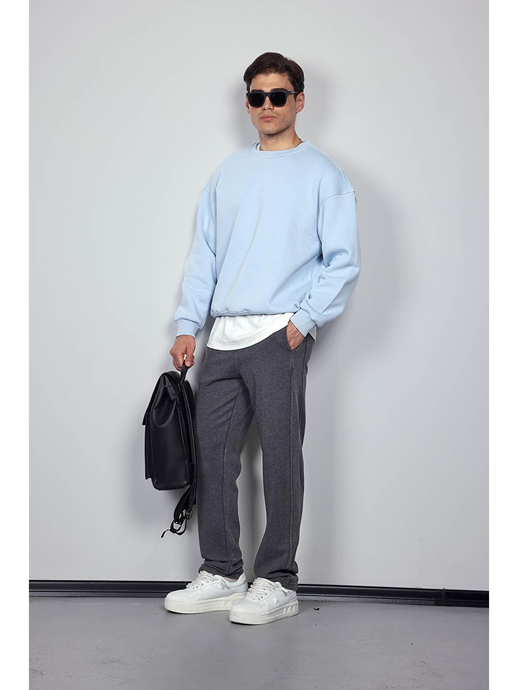 Erkek Oversize Bisiklet Yaka Basic Sweatshirt Açık Mavi-9