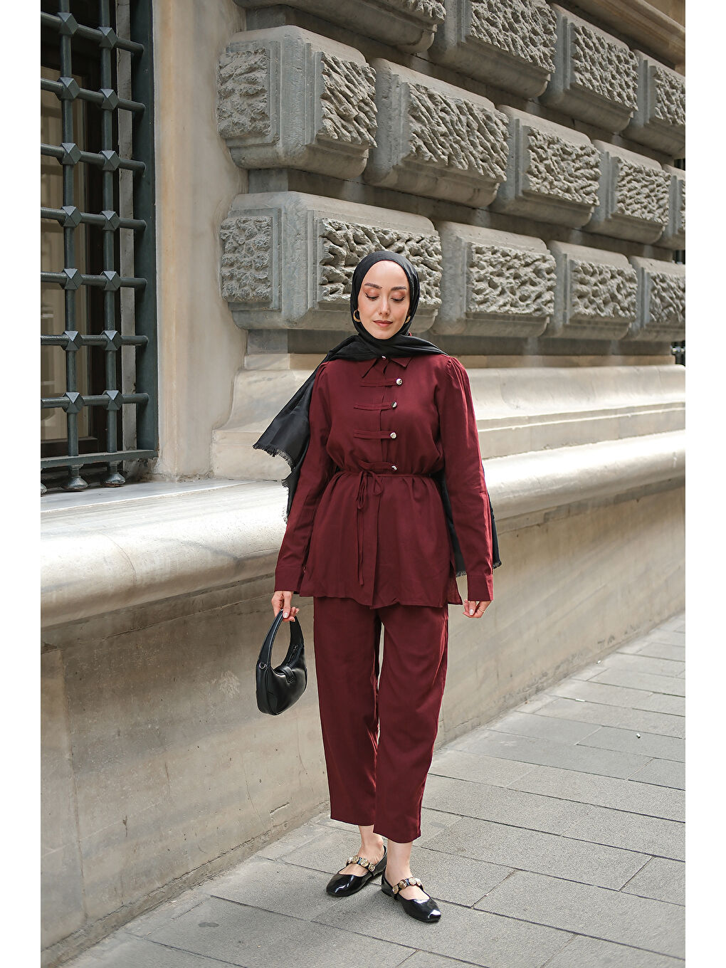 Kadın Düğme Detay Takım Bordo-2