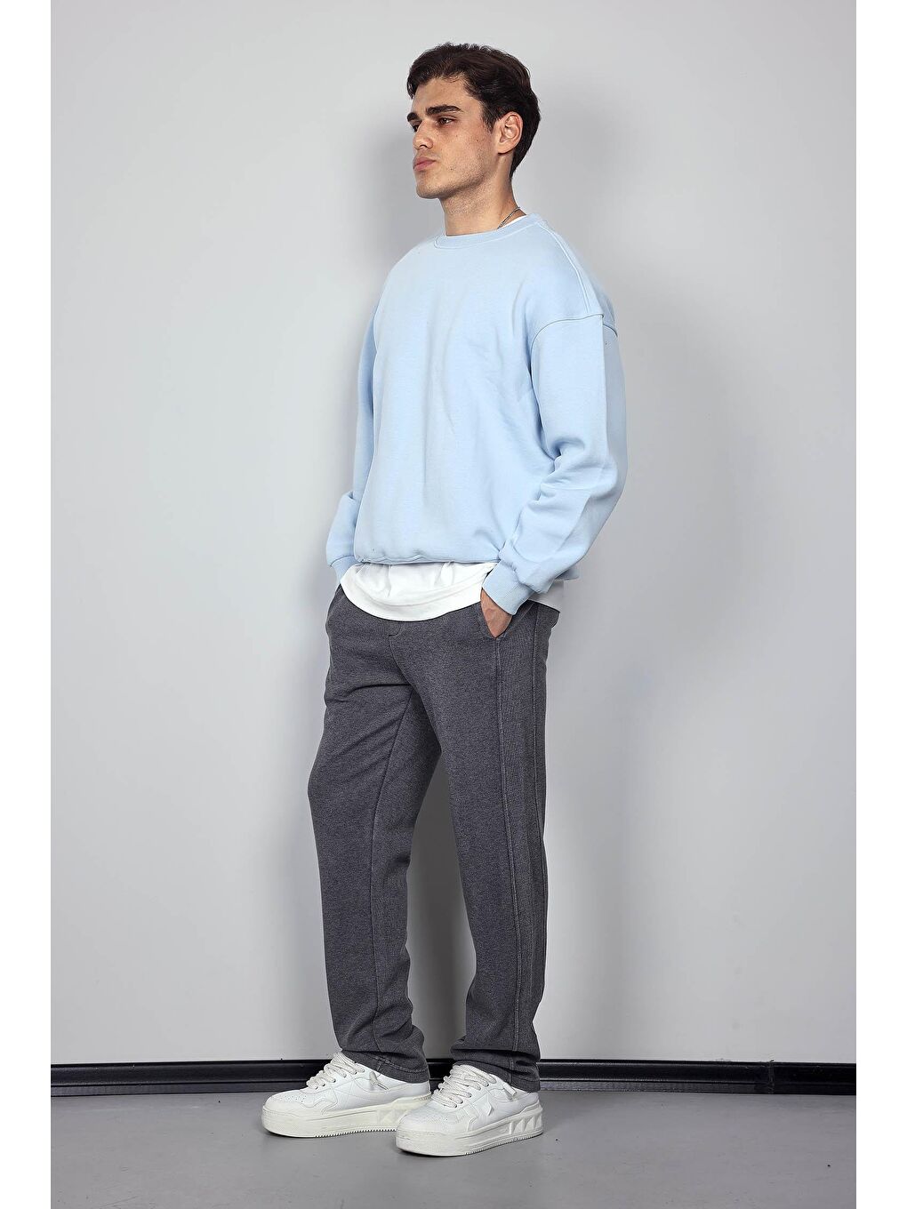 Erkek Oversize Bisiklet Yaka Basic Sweatshirt Açık Mavi-10