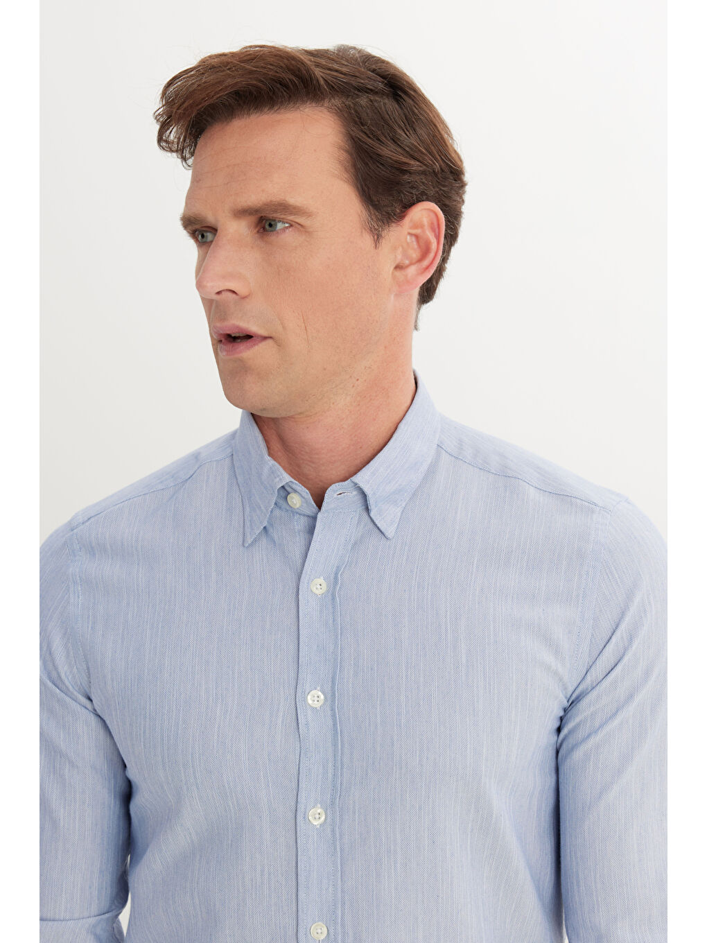 Erkek Mavi Pamuklu Comfort Fit Rahat Kesim Gizli Düğmeli Yaka Armürlü Gömlek-3
