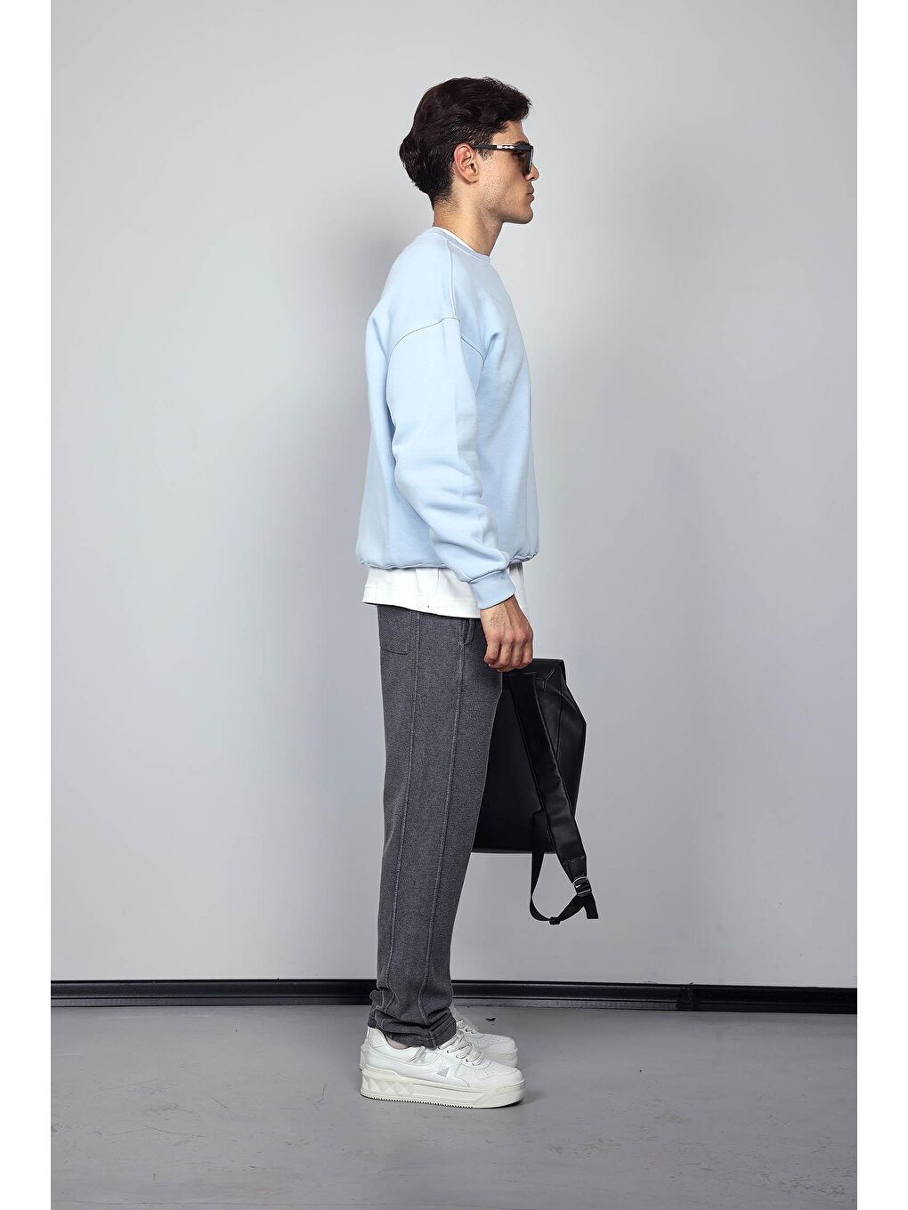 Erkek Oversize Bisiklet Yaka Basic Sweatshirt Açık Mavi-11