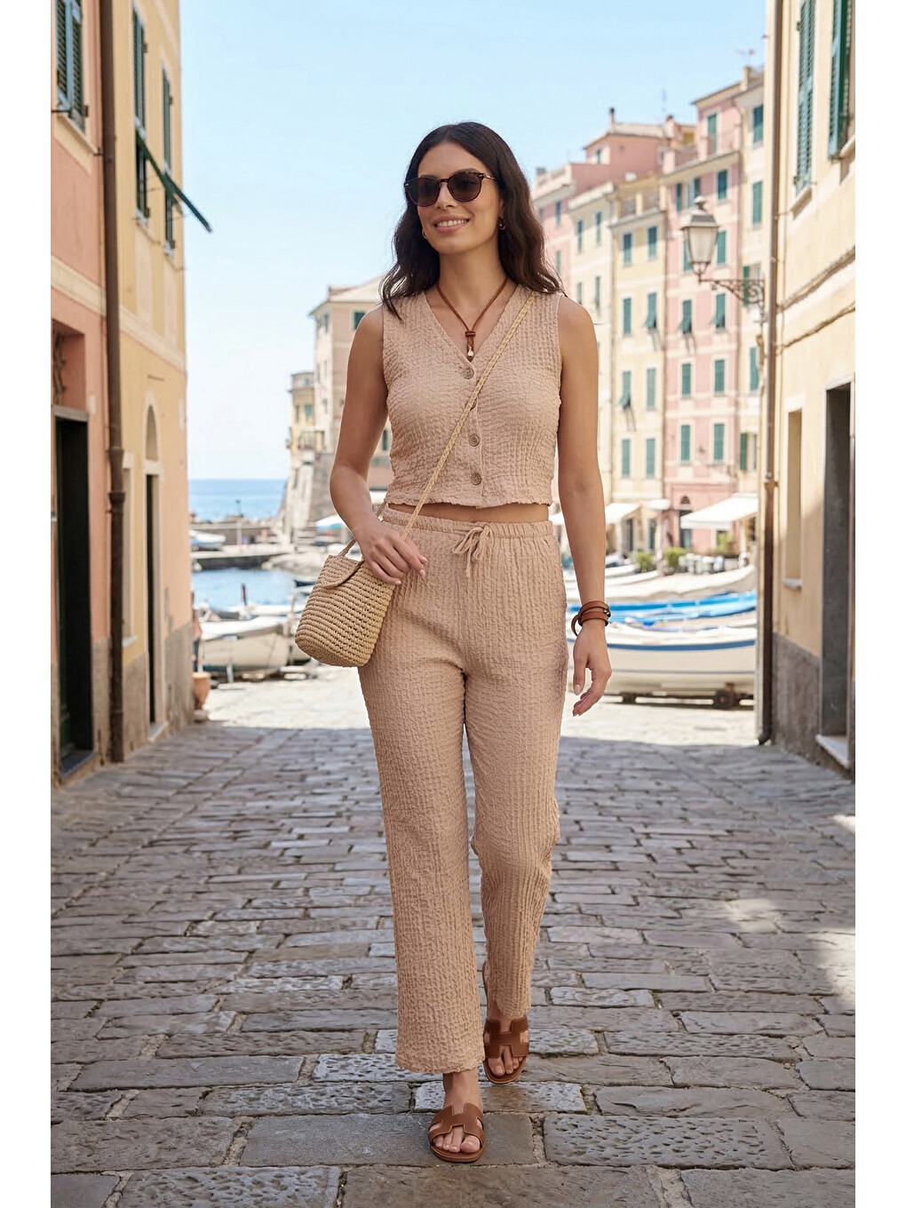 Bej Regular Fit V Yaka Yelek-pantolon Gofre Takım 5866484