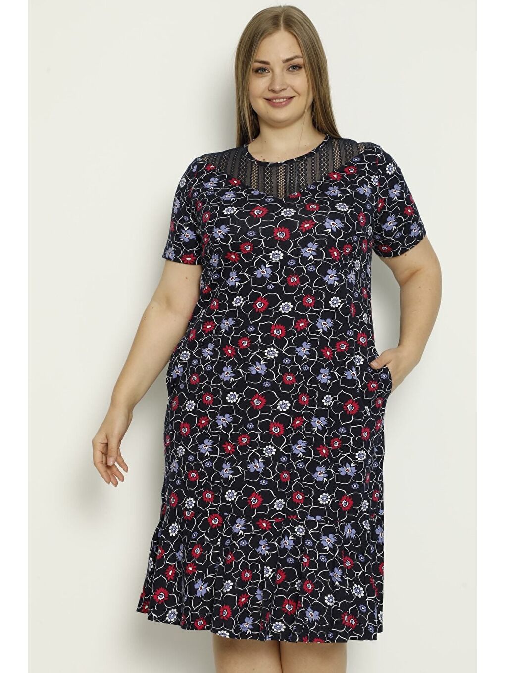 Lacivert Desenli Cepli Tül Detaylı Penye Modal Büyük Beden Elbise