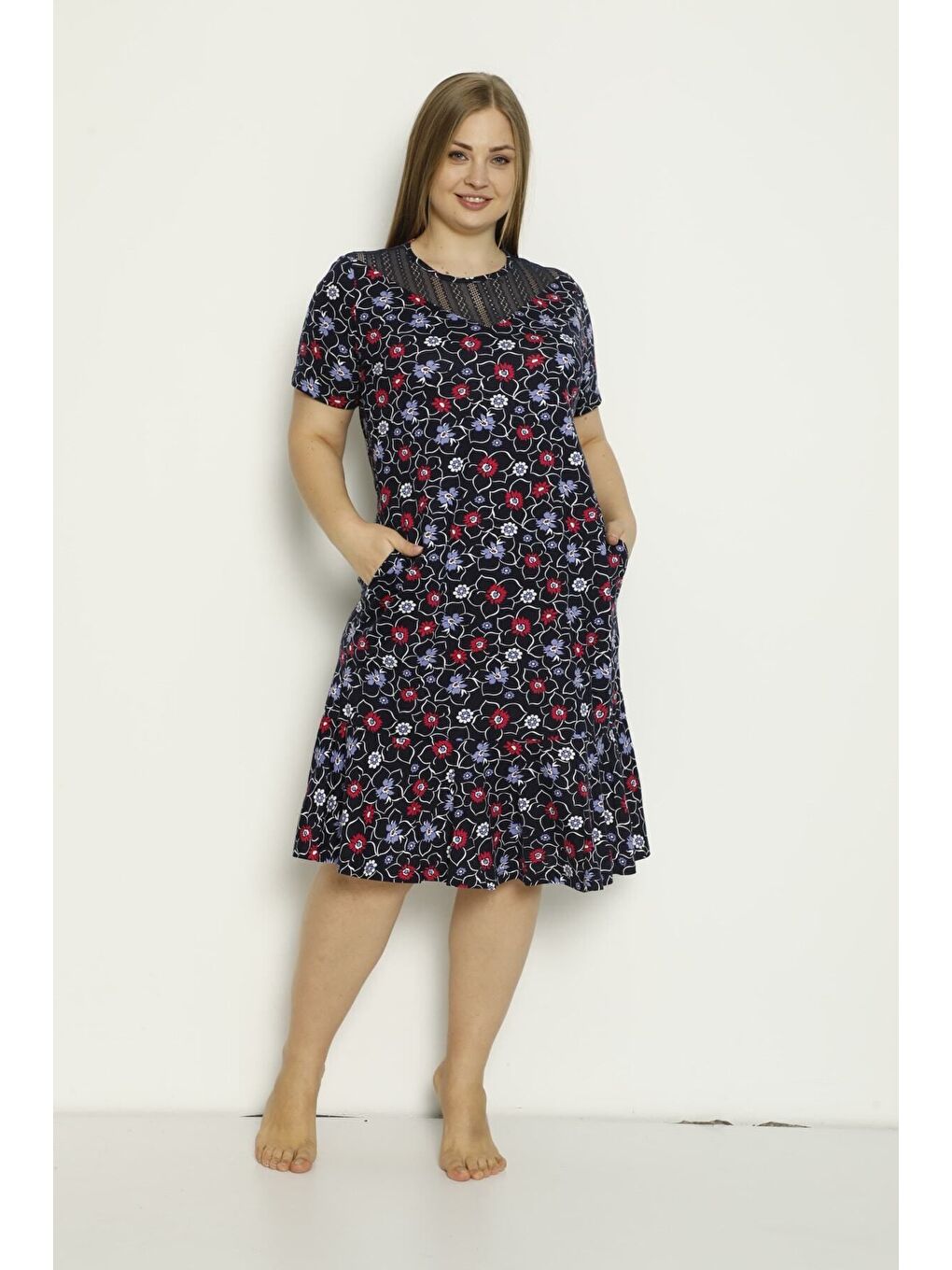 Lacivert Desenli Cepli Tül Detaylı Penye Modal Büyük Beden Elbise-1