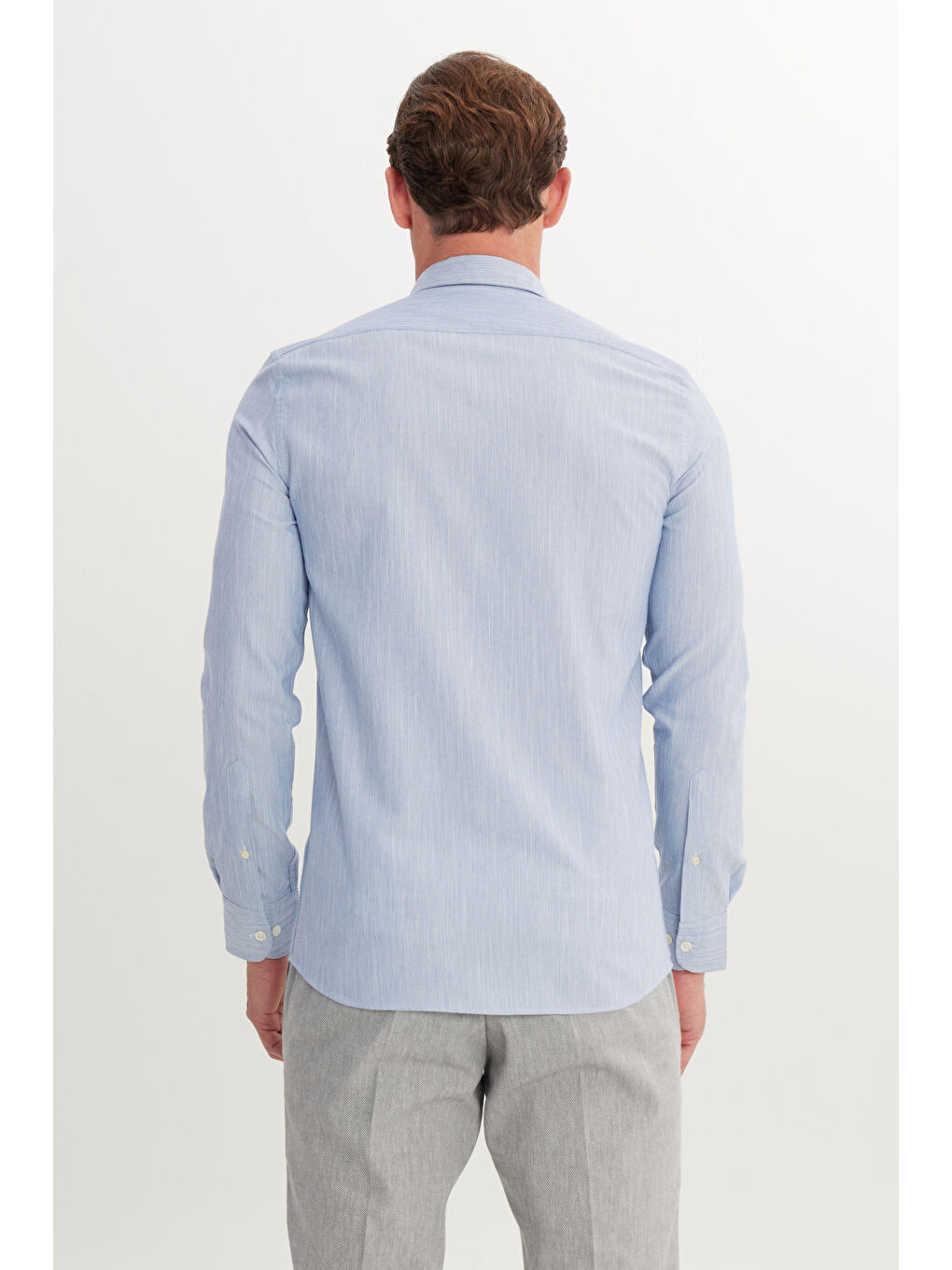 Erkek Mavi Pamuklu Comfort Fit Rahat Kesim Gizli Düğmeli Yaka Armürlü Gömlek-4