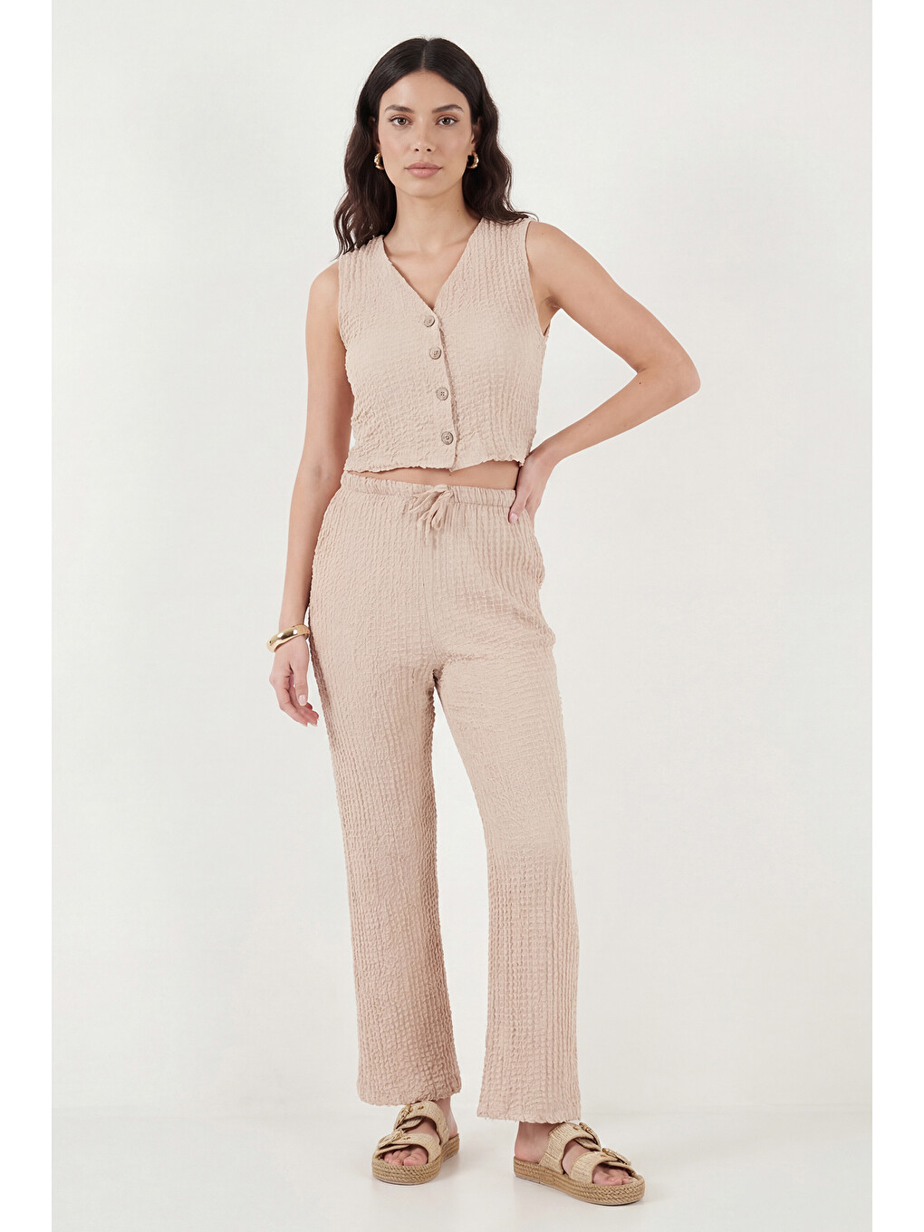 Bej Regular Fit V Yaka Yelek-pantolon Gofre Takım 5866484-2