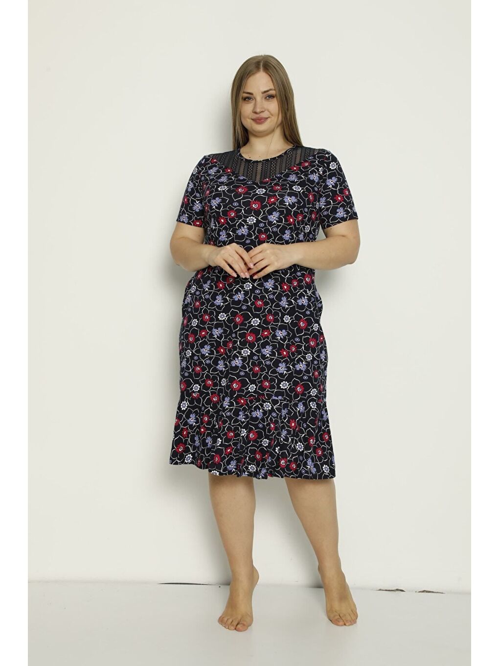 Lacivert Desenli Cepli Tül Detaylı Penye Modal Büyük Beden Elbise-2