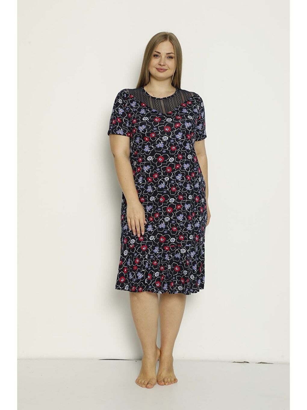 Lacivert Desenli Cepli Tül Detaylı Penye Modal Büyük Beden Elbise-3