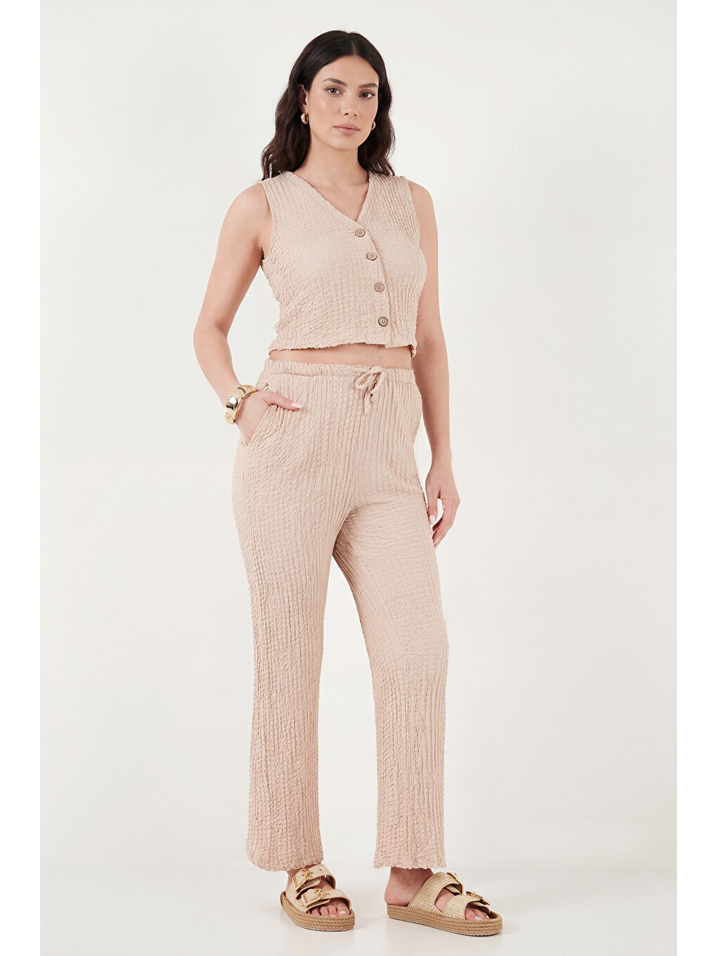 Bej Regular Fit V Yaka Yelek-pantolon Gofre Takım 5866484-3