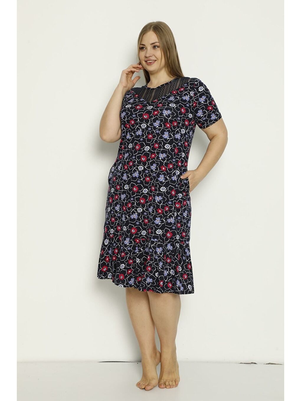 Lacivert Desenli Cepli Tül Detaylı Penye Modal Büyük Beden Elbise-4