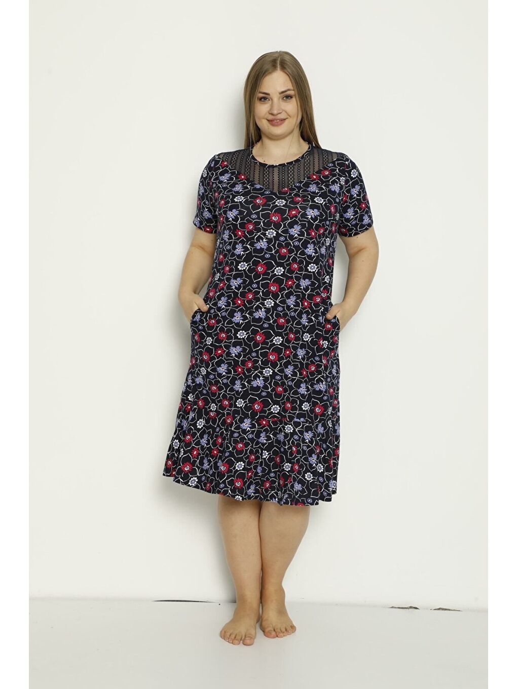 Lacivert Desenli Cepli Tül Detaylı Penye Modal Büyük Beden Elbise-5