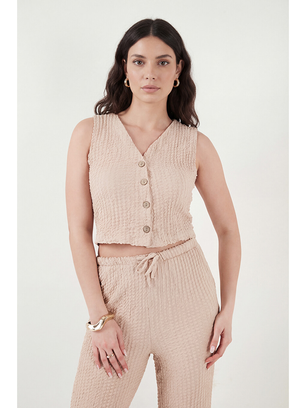 Bej Regular Fit V Yaka Yelek-pantolon Gofre Takım 5866484-4