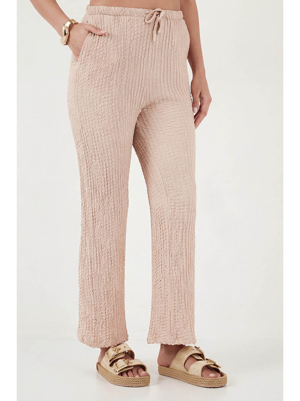 Bej Regular Fit V Yaka Yelek-pantolon Gofre Takım 5866484-5