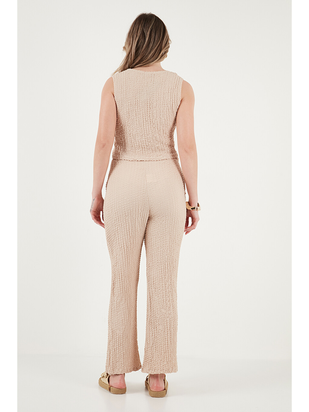 Bej Regular Fit V Yaka Yelek-pantolon Gofre Takım 5866484-6