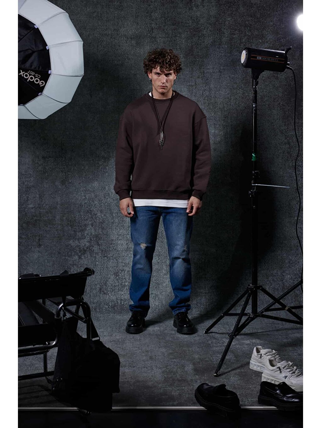 Erkek Oversize Bisiklet Yaka Basic Sweatshirt Kahverengi-6
