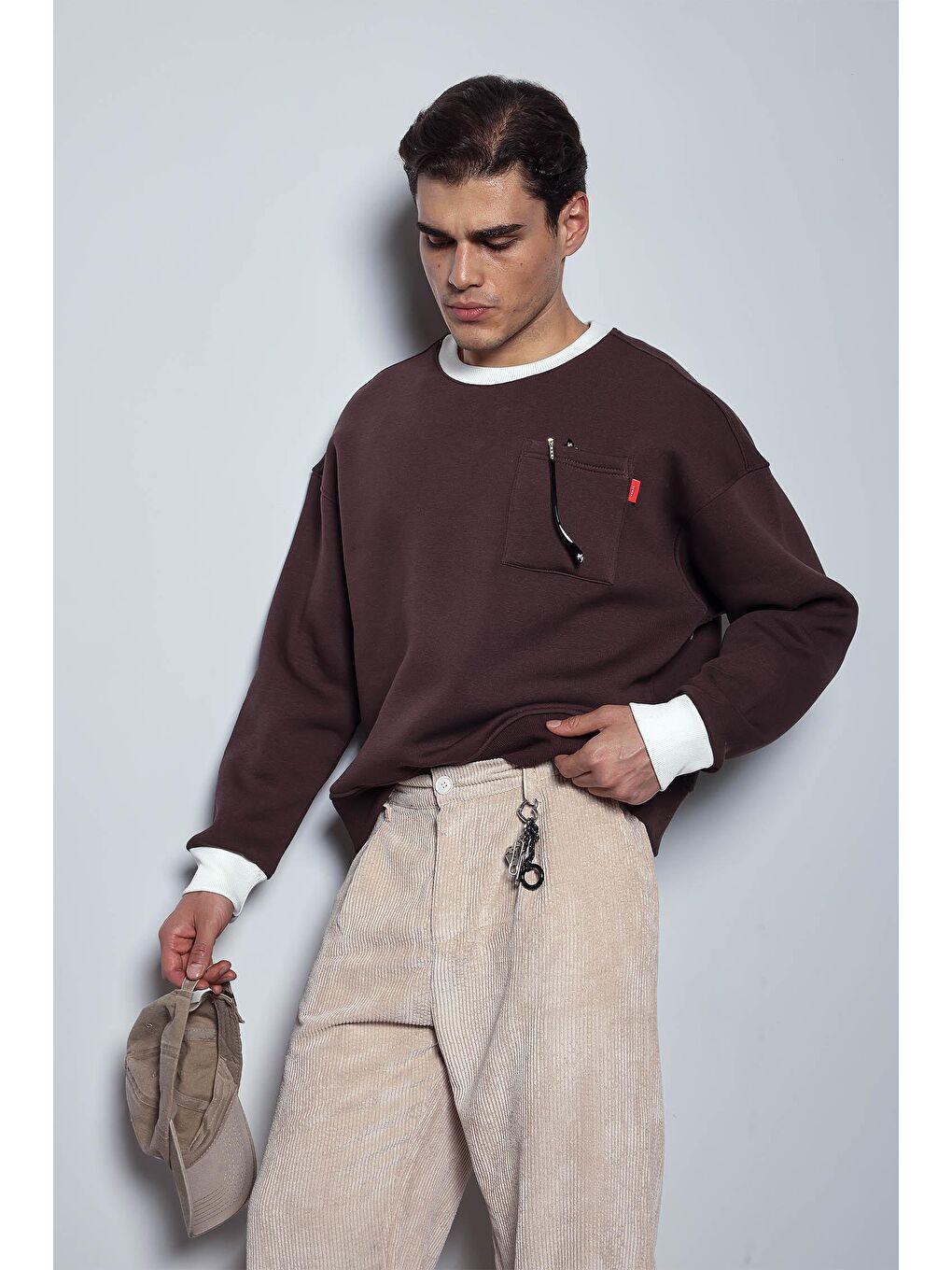 Erkek Oversize Kontrast Detaylı Sweatshirt Kahverengi-1