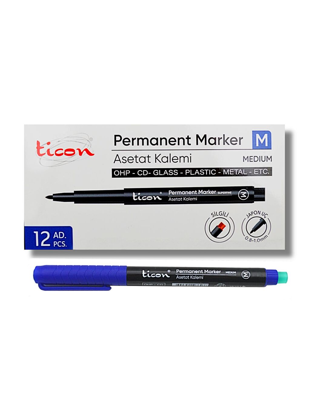 Ticon Permanent Asetat Kalemi M Uç Silgili  12 Adet