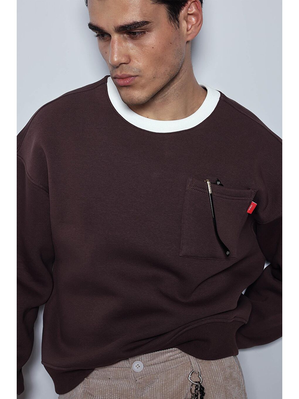 Erkek Oversize Kontrast Detaylı Sweatshirt Kahverengi-2