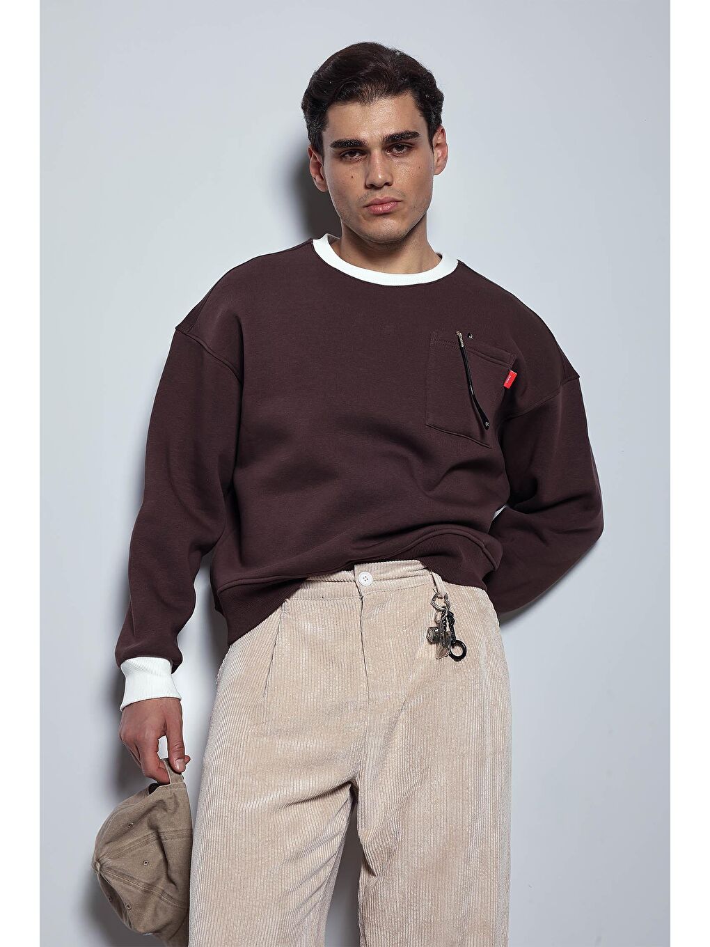 Erkek Oversize Kontrast Detaylı Sweatshirt Kahverengi-3