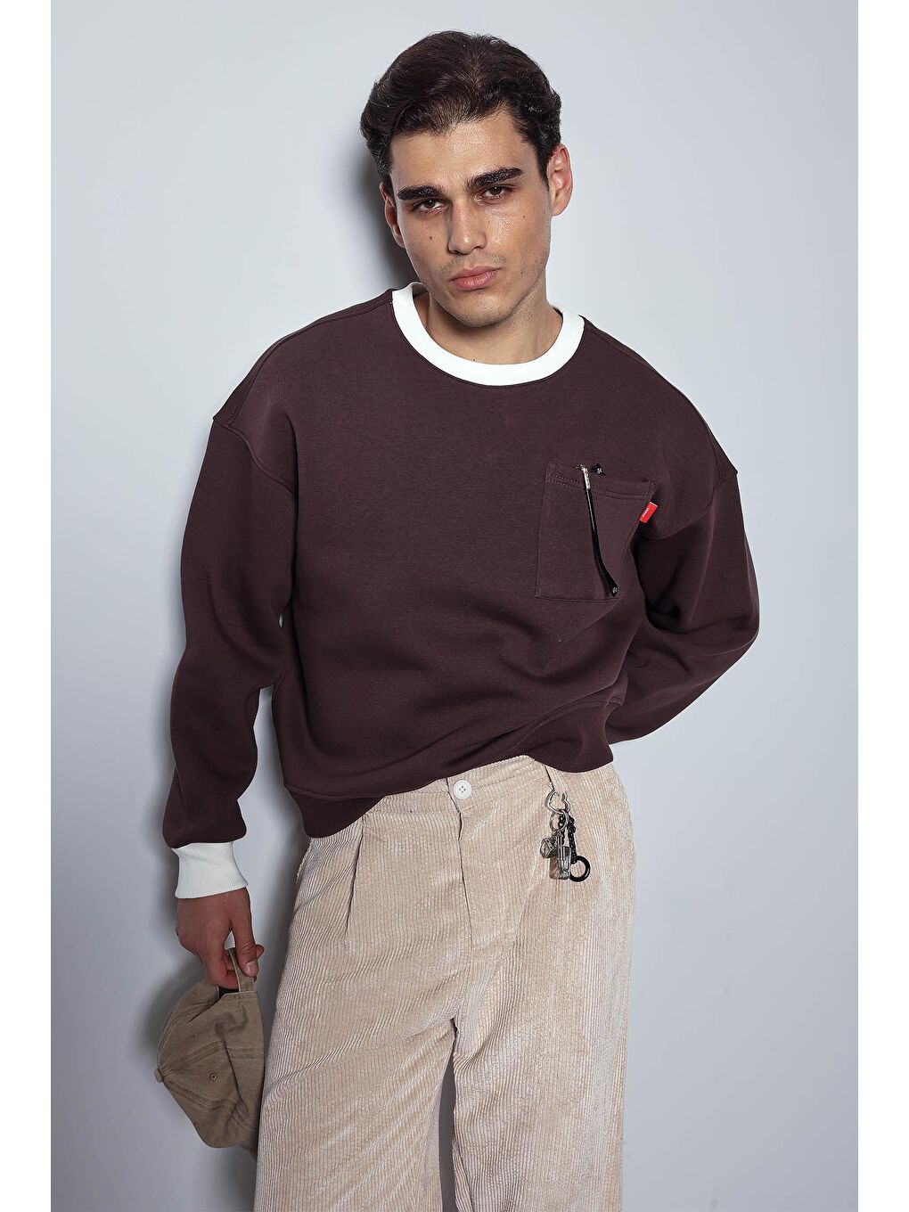 Erkek Oversize Kontrast Detaylı Sweatshirt Kahverengi-4
