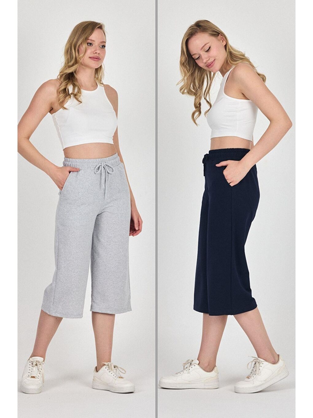 Gri Yüksek Bel Cepli Rahat Kesim Mevsimlik Kadın Diz Altı 2'li Bermuda Siyah-Antrasit Kapri Şort