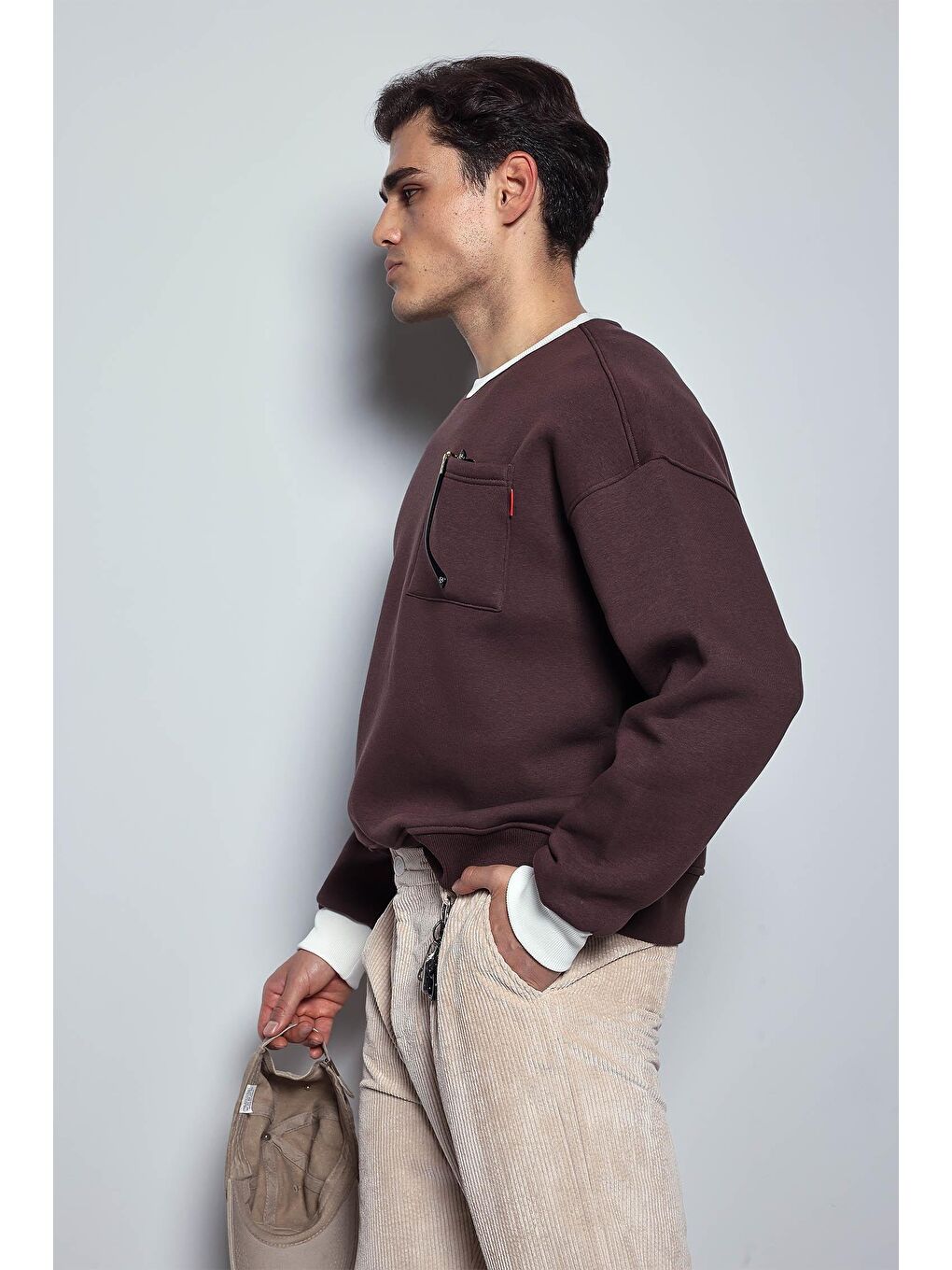 Erkek Oversize Kontrast Detaylı Sweatshirt Kahverengi-5