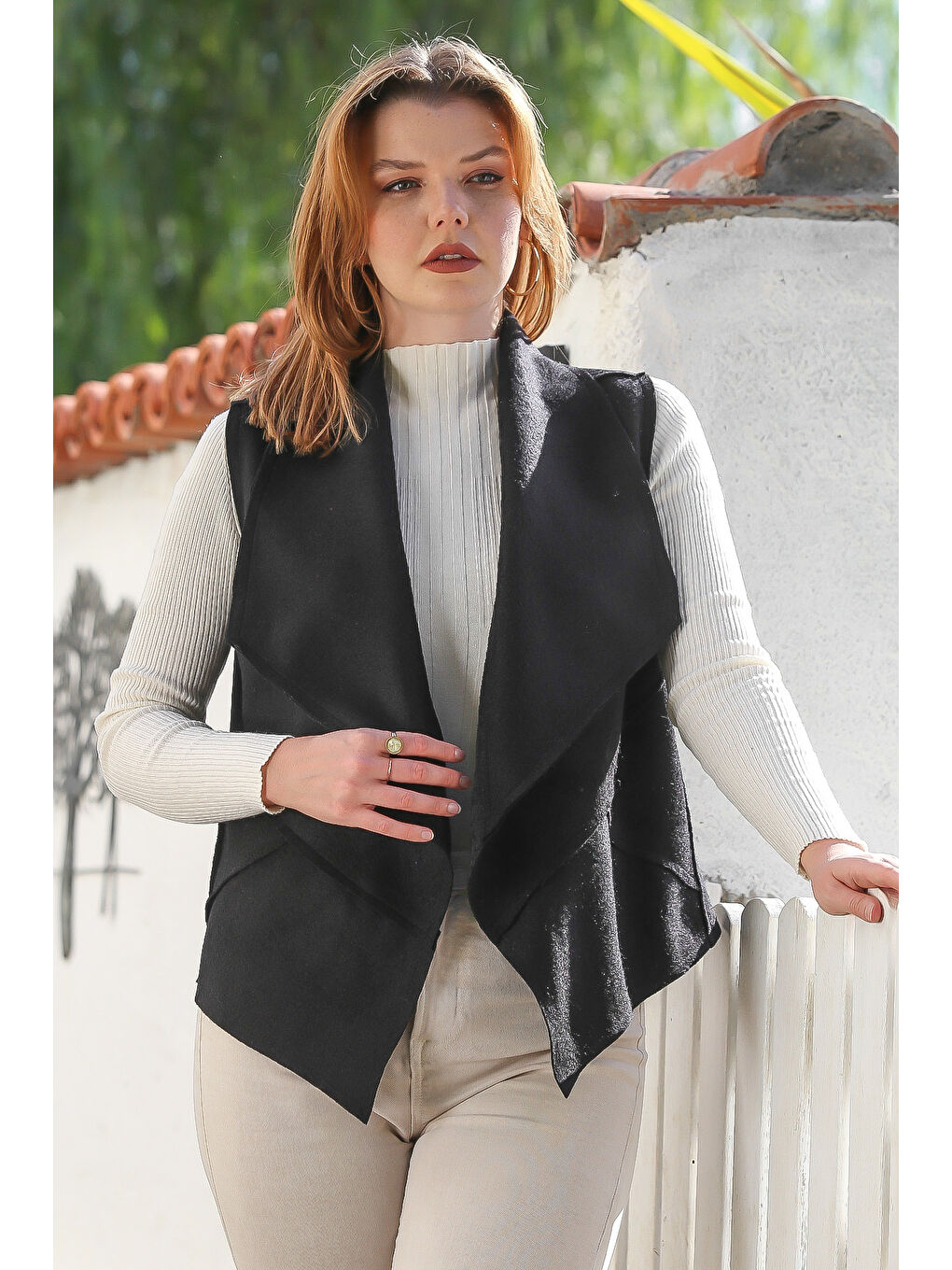 Siyah Şal Yaka Kolsuz Kapamasız Casual Keçe Kumaş Dokuma Yelek 65 60-1