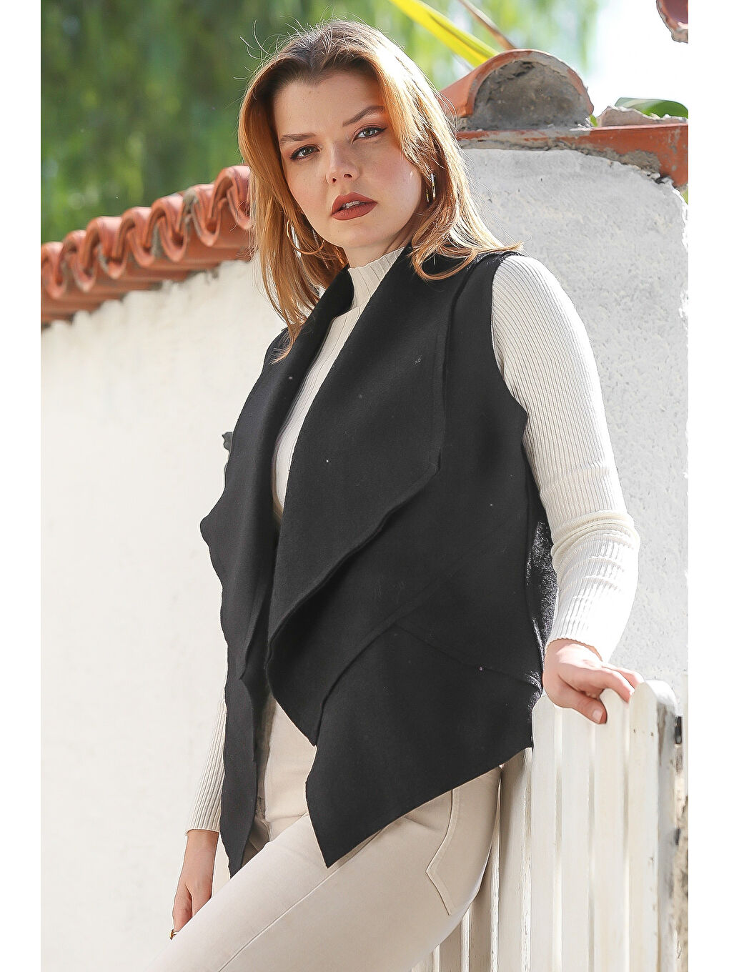 Siyah Şal Yaka Kolsuz Kapamasız Casual Keçe Kumaş Dokuma Yelek 65 60-3