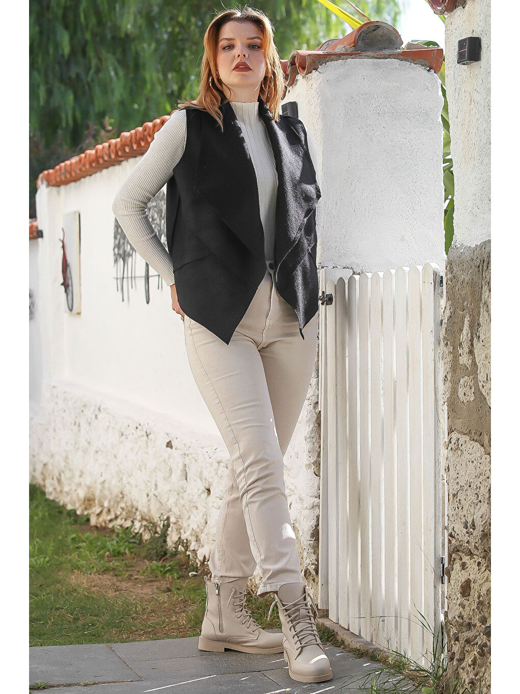 Siyah Şal Yaka Kolsuz Kapamasız Casual Keçe Kumaş Dokuma Yelek 65 60-4