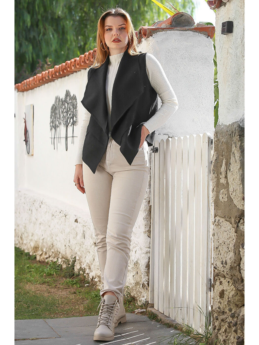 Siyah Şal Yaka Kolsuz Kapamasız Casual Keçe Kumaş Dokuma Yelek 65 60-6