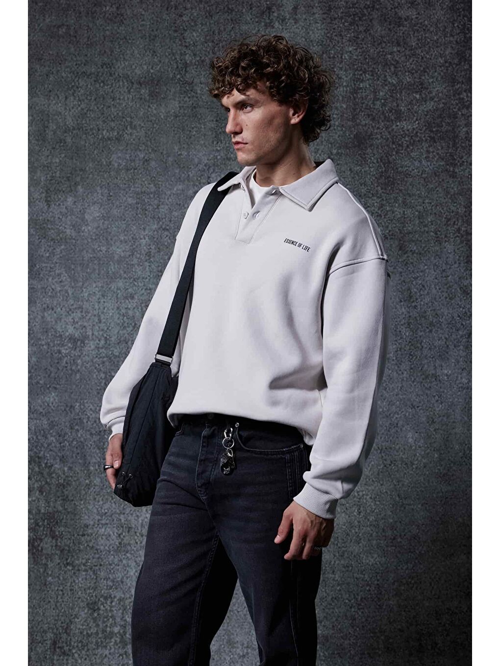 Erkek Oversize Düğmeli Polo Yaka Sweatshirt Gri-1