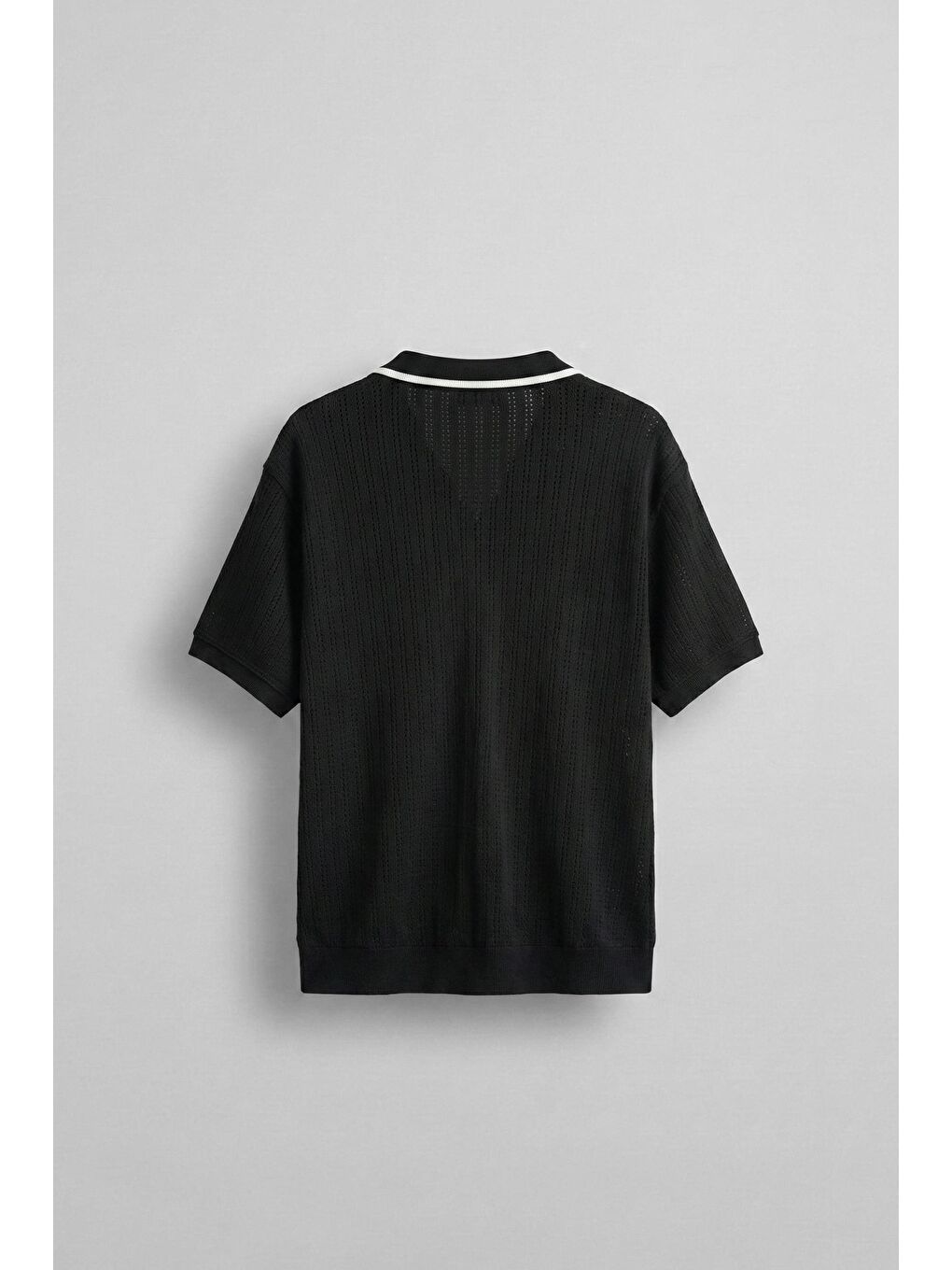 Erkek Yarım Pat V Yaka Desenli Triko T-Shirt Siyah Beyaz-1