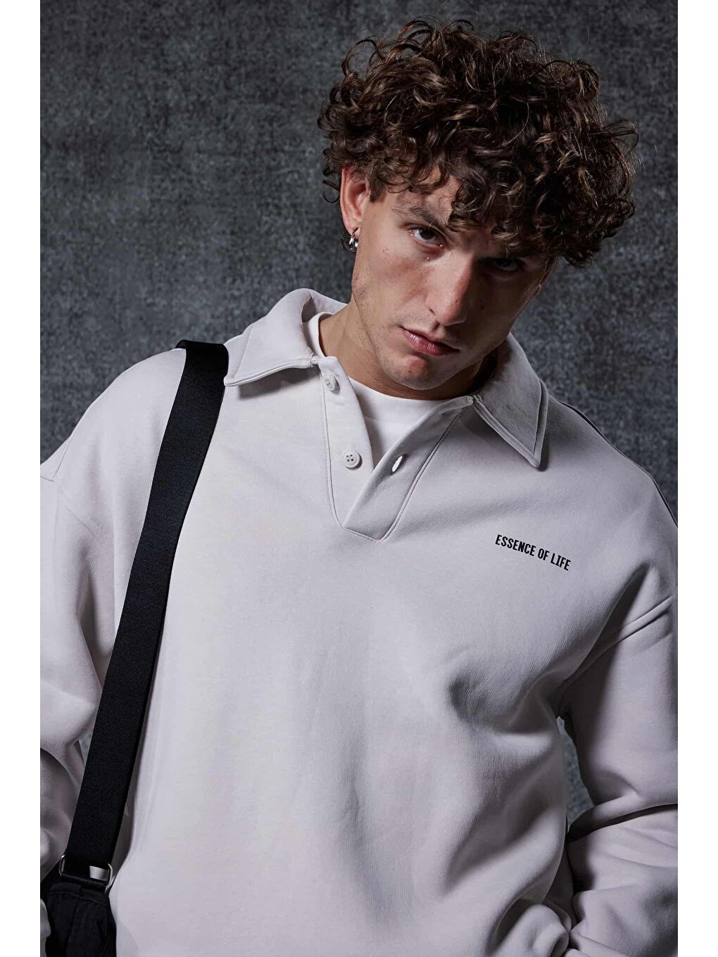 Erkek Oversize Düğmeli Polo Yaka Sweatshirt Gri-2