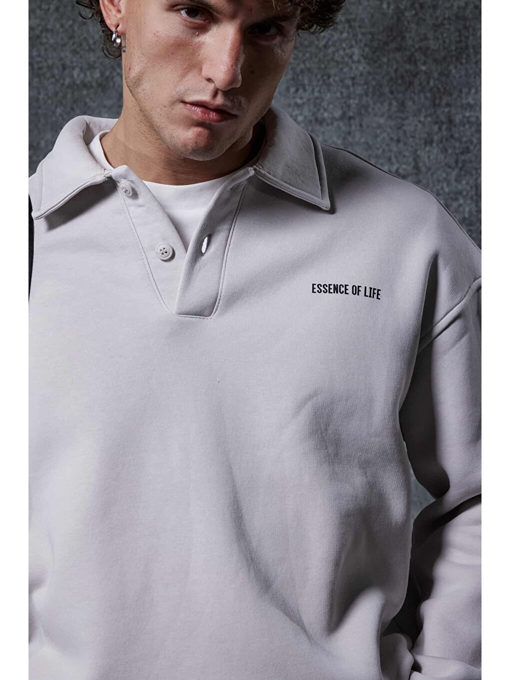 Erkek Oversize Düğmeli Polo Yaka Sweatshirt Gri-3