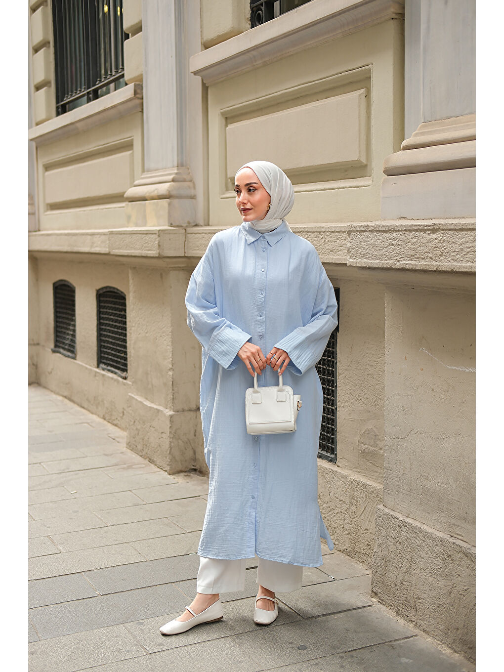 Kadın Midi Boy Gömlek Mavi