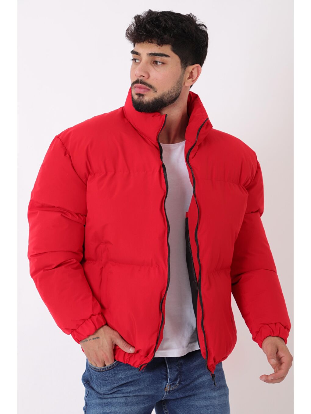Kırmızı Dik Yaka Oversize Bomber Şişme Kışlık Mont PLDP 3018_50465-1