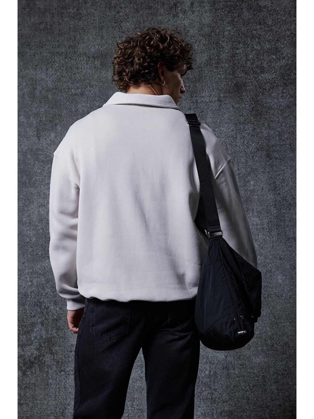 Erkek Oversize Düğmeli Polo Yaka Sweatshirt Gri-4