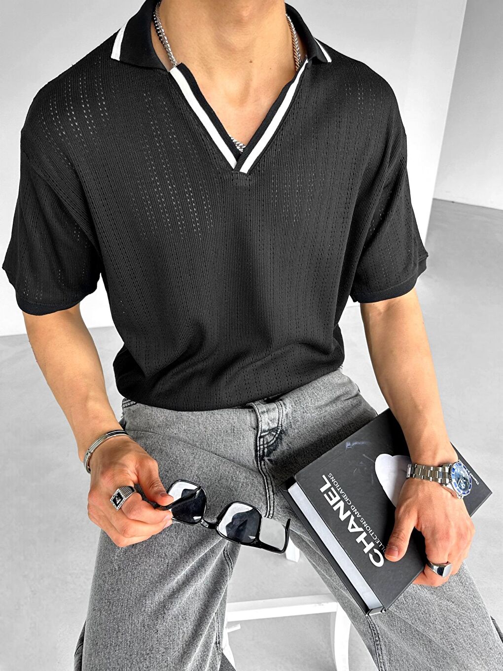 Erkek Yarım Pat V Yaka Desenli Triko T-Shirt Siyah Beyaz-3