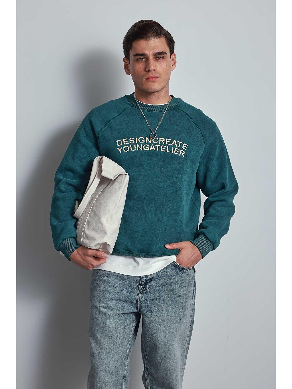 Erkek Oversize Yazı Baskılı Sweatshirt Yeşil