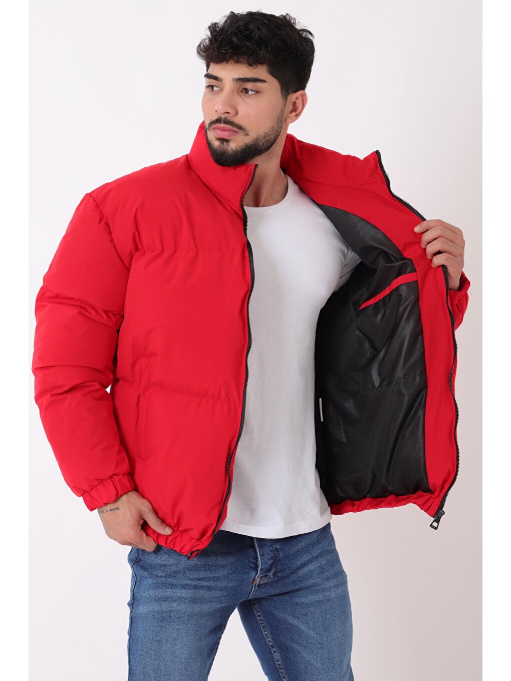 Kırmızı Dik Yaka Oversize Bomber Şişme Kışlık Mont PLDP 3018_50465-2