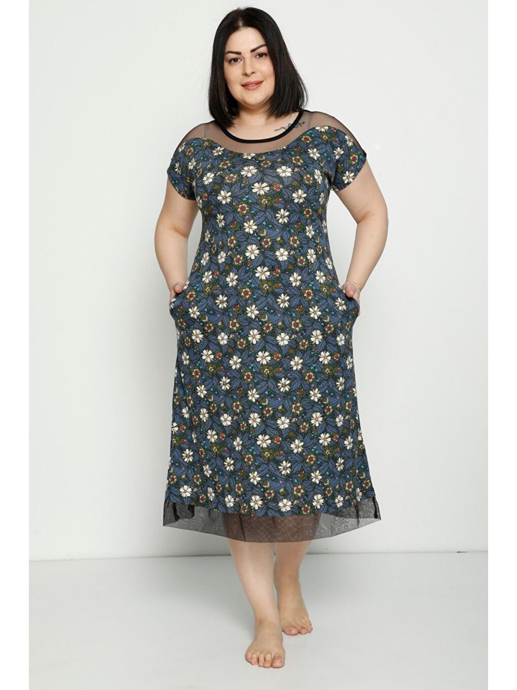 Lacivert Desenli Cepli Tül Detaylı Penye Modal Büyük Beden Kısa Kollu Pamuklu Elbise-1