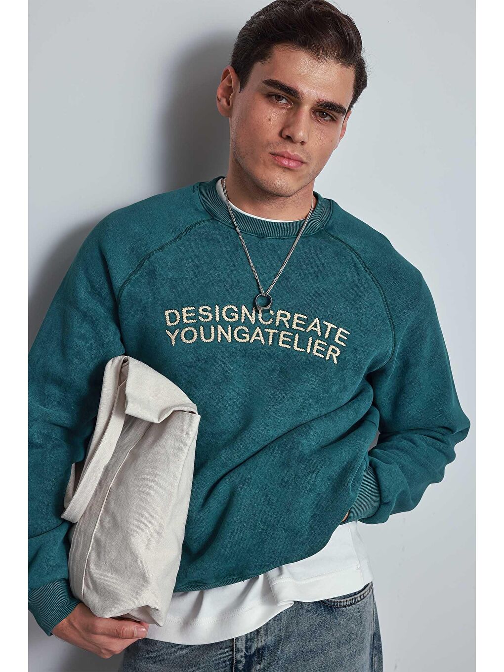 Erkek Oversize Yazı Baskılı Sweatshirt Yeşil-2